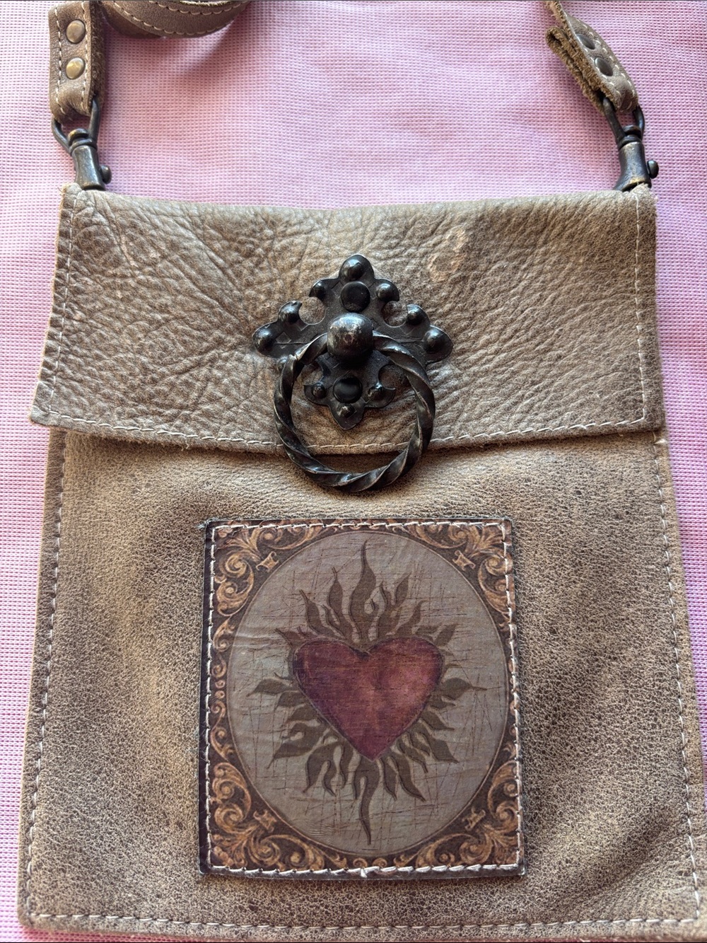 KBD Studio Handcraft Brown Leather Crossbody Bag Purse Ring Heart Patch
